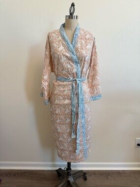 MOHARI NWOT Block Print Cotton Robe Kimono Blush Pink Blue Trim